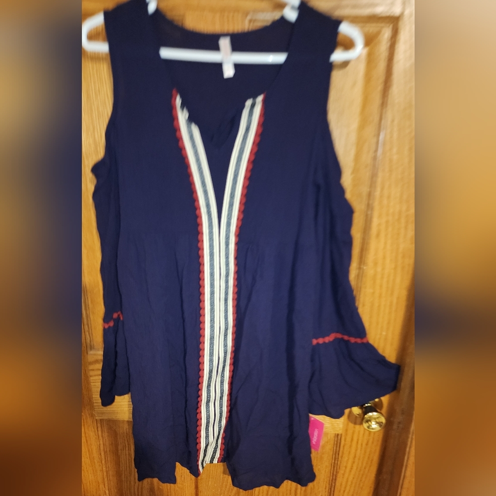 New  Xhilaration Tassel Cold Shoulder Dress Blue Boho Lined Bell Sleeve Festival